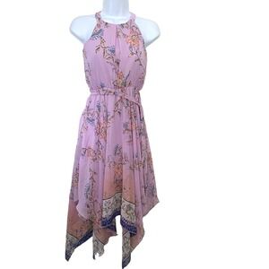 Zunie Y2K Fairy Feminine Dress Purple Floral Flowy Sz 10 Halter Asymmetric Hem